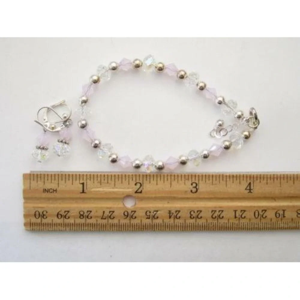 Pale Pink &‎ Clear Crystal & Silver Plated Findings Bracelet & Earrings Set
